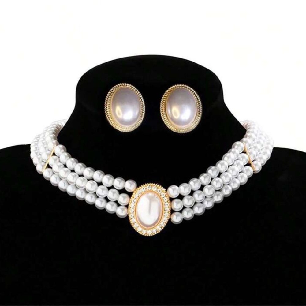 Faux Pearl Choker Necklace & Earrings Fashion Set - Picture 1 of 6